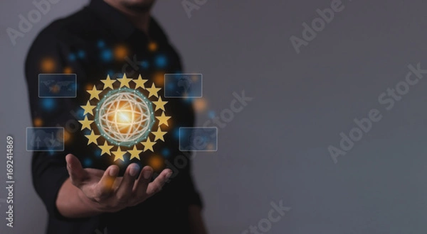 Fototapeta Young man hand holding to Interconnect, Interconnected Concept; People connect via wireless internet in a world of digital technology and communications that connect freely around the world