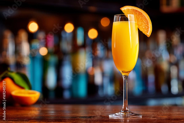 Fototapeta mimosa cocktail on bar counter side view with orange garnish