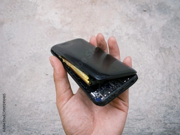 Obraz Damaged exploded powerbank smartphone charger due to battery swelling