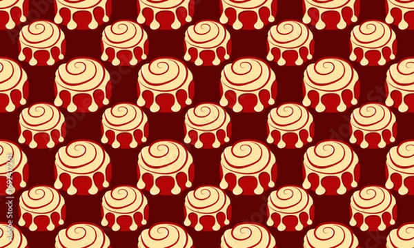 Fototapeta Autumn sweet seamless pattern with red cinnamon rolls on dark red background. Vector illustration for prints, package, social media
