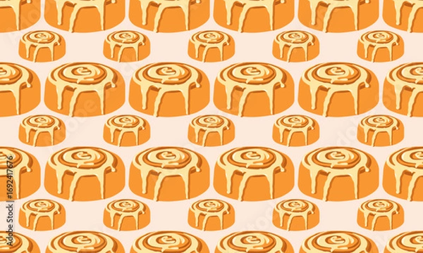 Fototapeta Autumn sweet seamless pattern with cinnamon rolls on light pink background. Vector illustration for cards, banners, social media