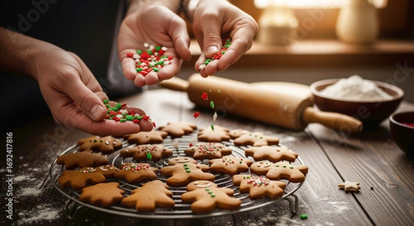Fototapeta Close-up of Hands Decorating Holiday Gingerbread Cookies with Colorful Sprinkles