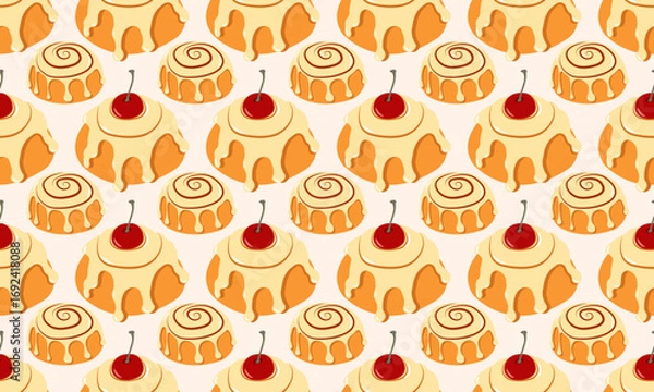 Fototapeta Autumn sweet seamless pattern with cinnamon rolls on light beige background. Vector illustration for cards, banners, social media