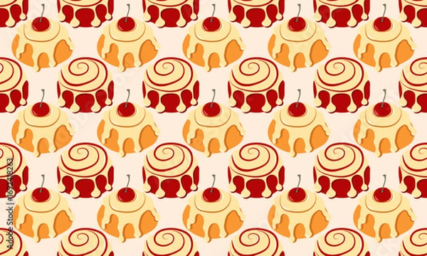 Fototapeta Autumn seamless pattern with different cinnamon rolls on light beige background. Vector Illustration for banners, cards, social media