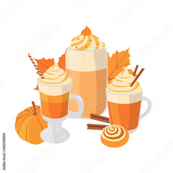 Fototapeta Autumn collection of glasses pumpkin spice latte with cinnamon roll, leaves, pumpkin. Fall vector illustration for cards, prints, social media
