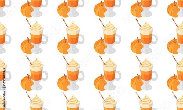 Fototapeta Autumn seamless pattern with pumpkin spice latte, wafer stick and pumpkin on light background. Cozy vector illustration for packaging, social media and prints
