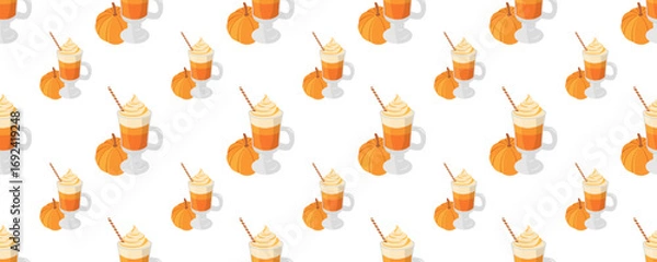 Fototapeta Cozy seamless pattern with pumpkin spice latte, wafer stick on light background. Autumn vector illustration for banners, cards and wallpaper