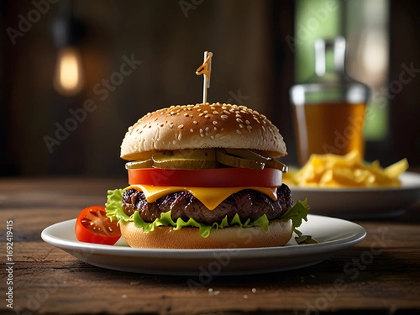 Fototapeta cheeseburger with fresh toppings on a sesame seed bun