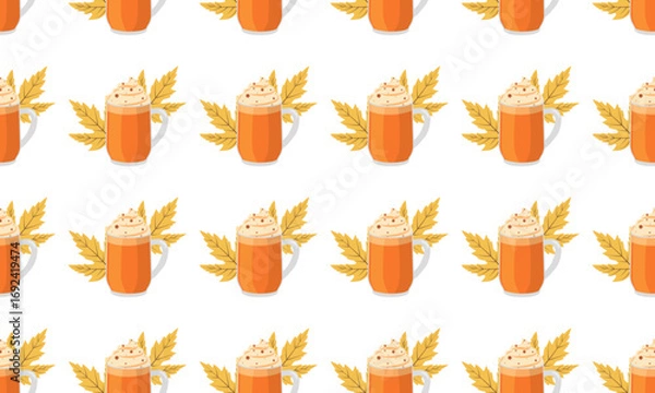 Fototapeta Cozy autumn seamless pattern with pumpkin spice latte, pumpkin and wafer on light background. Vector illustration for social media and prints