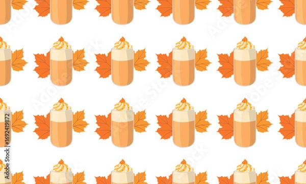 Fototapeta Fall seamless pattern with pumpkin spice latte and orange leaves on light background. Autumn vector illustration for cards, social media, banners