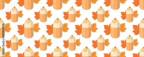 Fototapeta Autumn seamless pattern with pumpkin spice latte, orange leaves on light background. Cozy vector illustration for cards, prints, social media