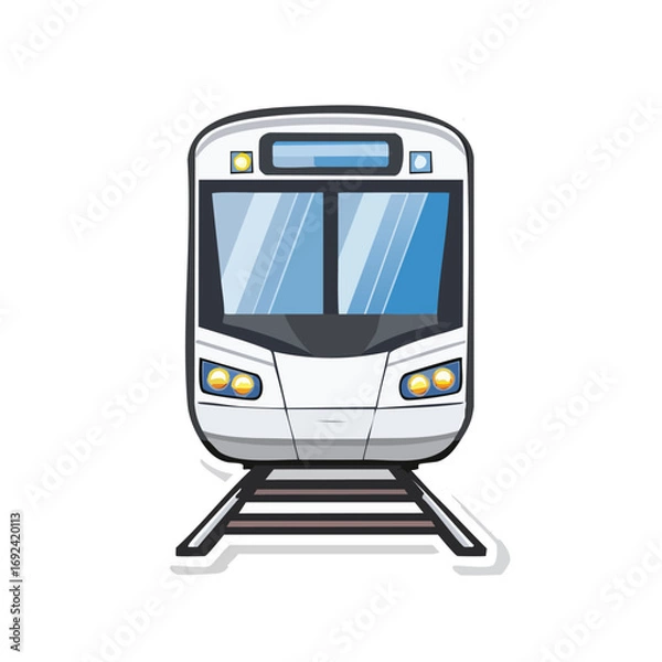 Fototapeta Front view of a modern white train with large windows, on tracks, ready to transport passengers.