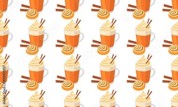 Fototapeta Autumn seamless pattern with pumpkin latte, wafer stick, cinnamon roll on light background. Cozy vector illustration for packaging, social media and prints
