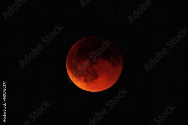Fototapeta A striking close up of a blood moon glowing red against a stark black sky in the night time darkness