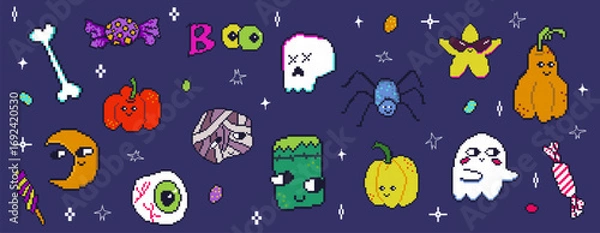 Fototapeta Set of pixel art Halloween elements with ghosts, pumpkins, monsters and bones. Vector illustrative collection for spooky season graphics, holiday merchandise, and festive game assets.