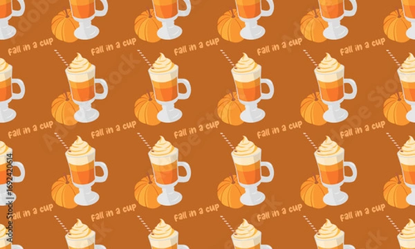 Fototapeta Autumn seamless pattern with pumpkin latte, pumpkin, wafer stick on brown background. Seasonal vector illustration for packaging, banners, cards and prints