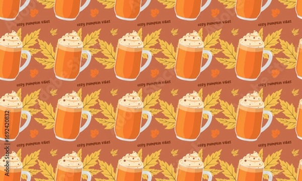 Fototapeta Autumn seamless pattern with pumpkin latte, text, yellow leaves on beige background. Cozy vector illustration for social media posts, packaging and branding