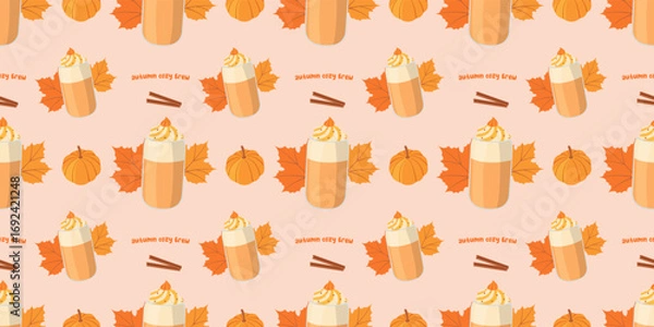 Fototapeta Autumn seamless pattern with pumpkin spice latte, orange leaves, pumpkin, text, cinnamon on light beige background. Cozy vector illustration for textile and wrap, festive design and print