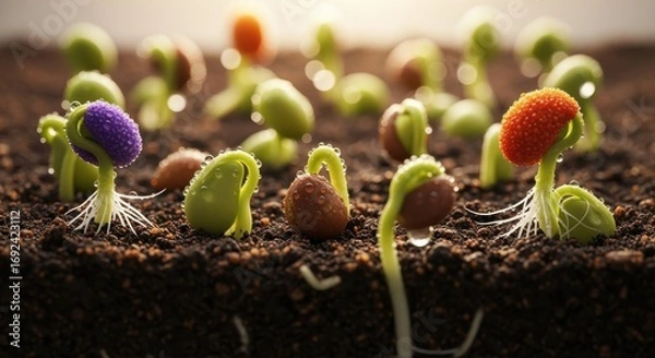 Fototapeta Footage depicting innovative seed coatings improving germination rates with dynamic views of seeds sprouting rapidly in fertile soil under optimized conditions.