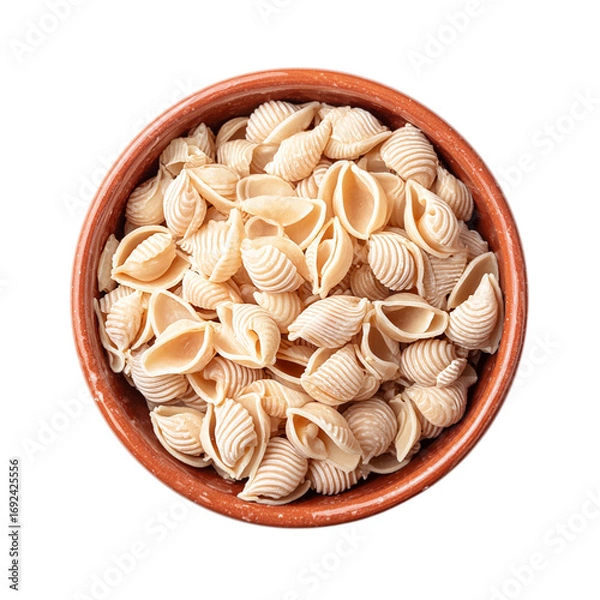 Fototapeta Uncooked dried conchiglie in ceramic bowl top view on transparent background