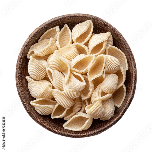Fototapeta Uncooked dried conchiglie in ceramic bowl top view on transparent background