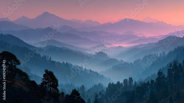 Fototapeta Breathtaking panoramic photograph of layered, forest-covered mountains at dawn. Thick morning mist settles in the valleys, creating a serene, majestic view.