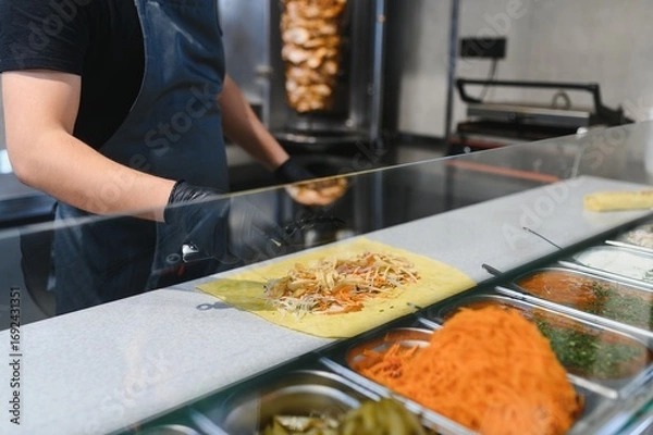 Fototapeta Chef preparing shawarma or kebab with various ingredients in a street food stall