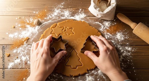 Fototapeta Hands Cutting Gingerbread Cookies on Wooden Table with Flour and Spices