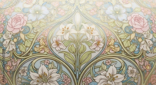 Obraz Art nouveau floral pattern with roses, lilies, and swirling foliage