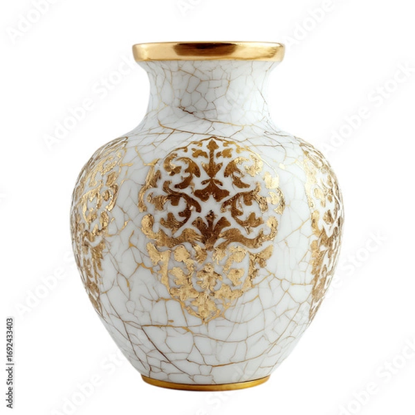 Fototapeta White Vase Adorned With Intricate Gold and Cracked on transparent background