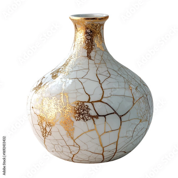 Fototapeta White Vase Adorned With Intricate Gold and Cracked on transparent background