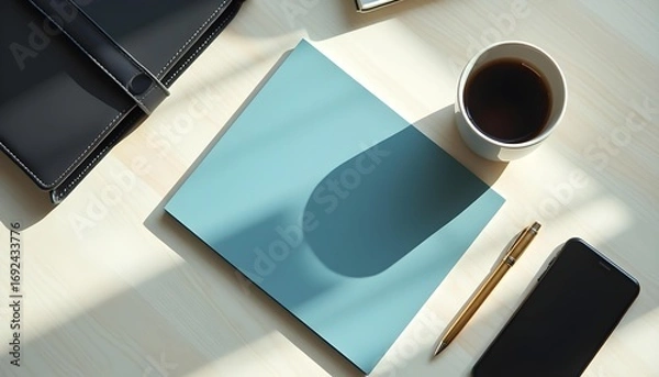 Fototapeta Overhead view of a light blue notebook coffee cup smartphone and pen on a white desk