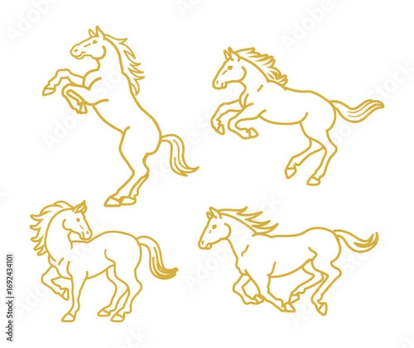 Fototapeta Set of Four Horses in Different Poses - Line art