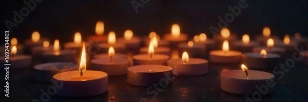 Fototapeta Glowing vigil candlelight creates a serene and peaceful atmosphere Perfect for remembrance, meditation, or spiritual themes Soft light illuminates a dark background , tranquility, flame