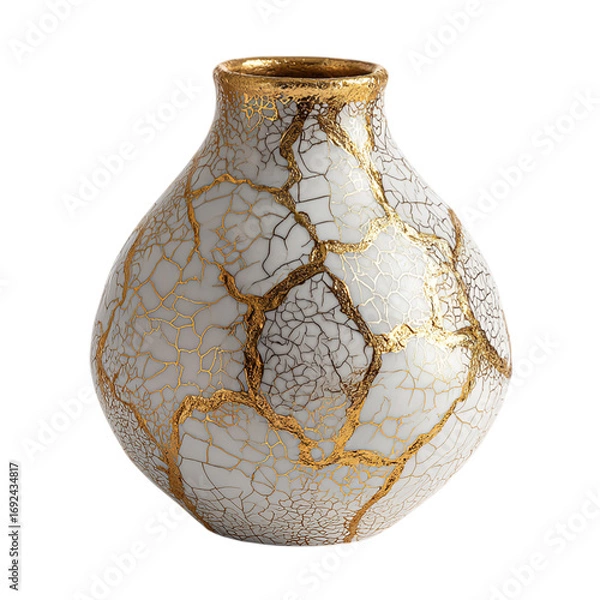 Fototapeta White Vase Adorned With Intricate Gold and Cracked on transparent background