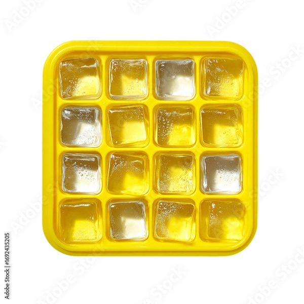 Fototapeta Yellow silicone ice cube tray filled with water top view on transparent background