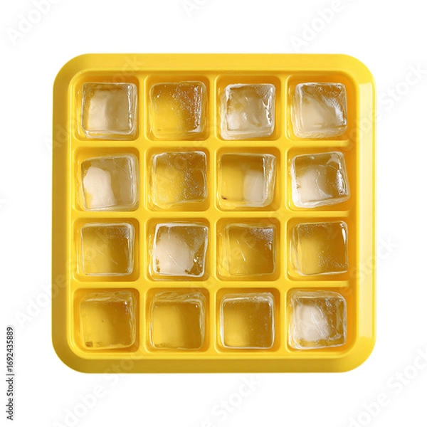 Fototapeta Yellow silicone ice cube tray filled with water top view on transparent background