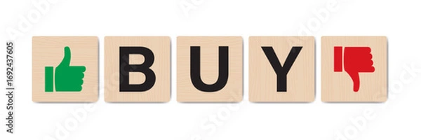 Fototapeta Concept word BUY on wooden blocks. Business and BUY concept. Shopping, review, like and dislike. Buy Solutions, Big and Small Thumbs Up and Down. Forex and investment market.