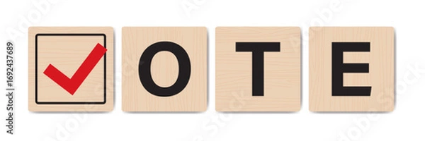 Fototapeta VOTE, election, poll and voting sign symbols concept. Wooden plates with Vote word with checkmark symbol isolated on white background.