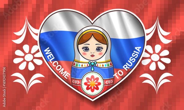 Fototapeta Vector love sticker or badge, heart and flag of Russian Federation, tricolor. Cute kind cartoon nesting doll, welcome to russia. Pixels and patterns