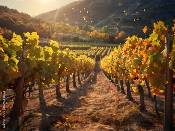 Fototapeta Golden rows of grapevines basking in autumn sunlight at vineyard