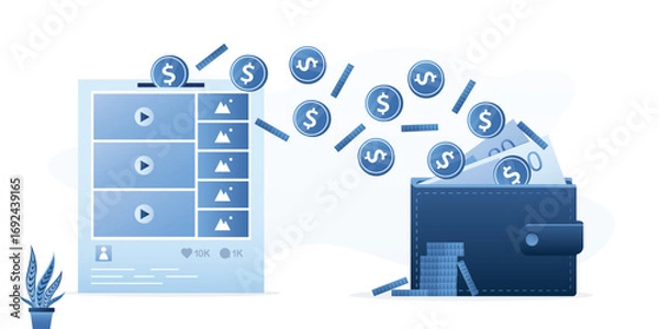 Fototapeta Video and media content monetization. E-commerce, earnings. Money falls into wallet. Mobile business strategy. Video marketing for making of money from video on website.