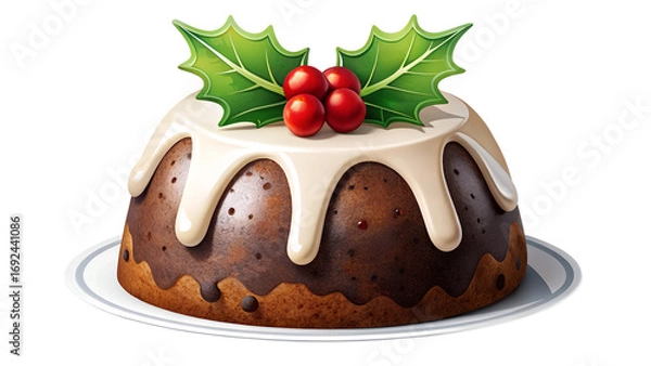 Fototapeta Festive Christmas Pudding with Icing and Holly Garnish isolated on a transparent background.