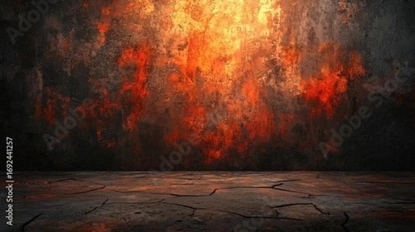 Obraz A textured wall with a fiery orange and black gradient, showcasing a rugged, cracked floor for a dramatic, industrial feel.