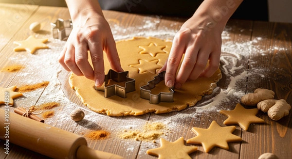 Fototapeta Hands Cutting Out Festive Gingerbread Cookies from Dough on Wooden Table