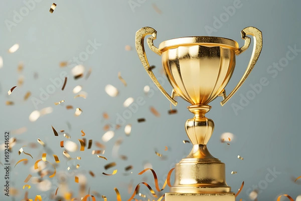 Fototapeta 金色のトロフィーと舞い散る紙吹雪が象徴する勝利と栄光の瞬間
