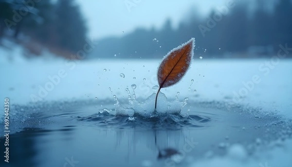 Fototapeta Single autumn leaf floating on water surface with ripples and splashes