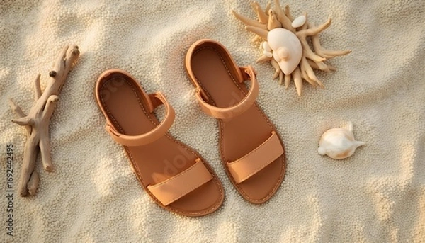 Fototapeta Stylish leather sandals resting on a sandy beach with seashells and driftwood