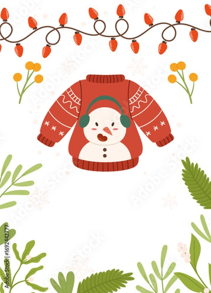 Fototapeta Festive Poster template frame featuring a red Christmas sweater with a snowman design, string lights, greenery, berries, and snowflakes on a white background.