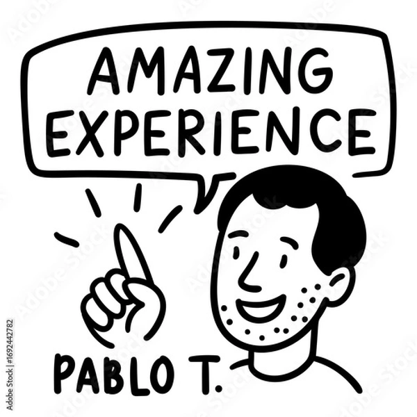 Fototapeta Doodle man with speech bubble Amazing Experience hand drawn style for testimonial and review templates